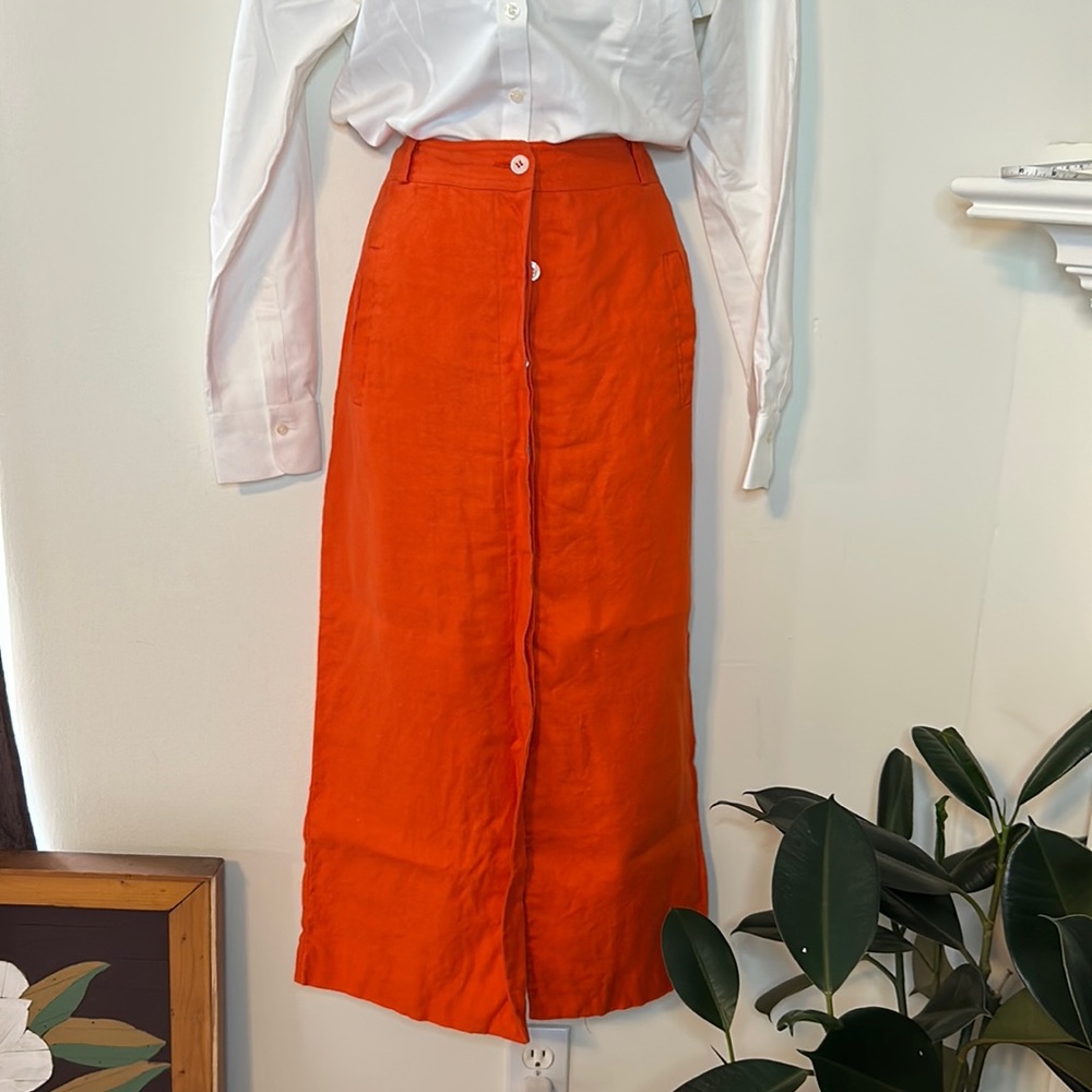 Vintage Linen A-Line Button Up MIDI Skirt with Pockets
